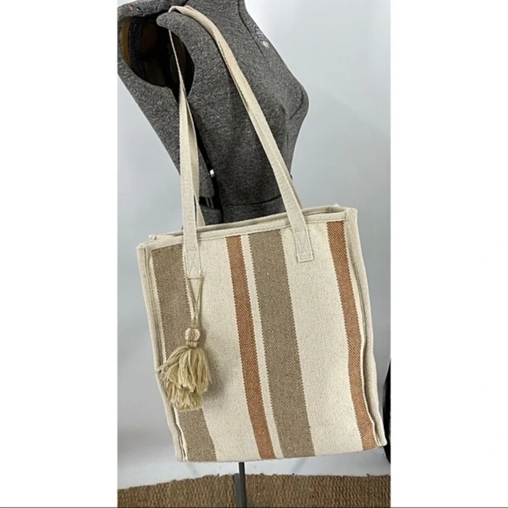 Bohemian summer beach striped canvas tote with tassel